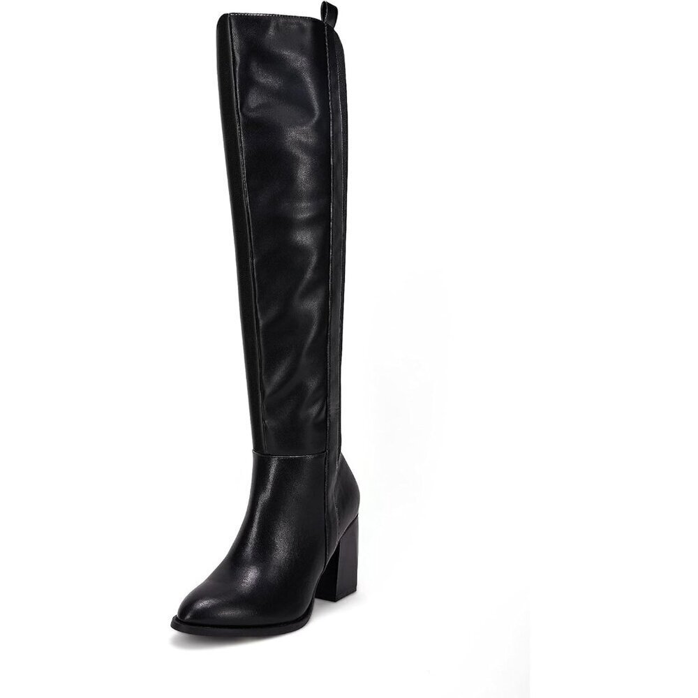 Womens Cool Black Faux Suede Knee High Side Zipper Chunky Heel Winter Boots